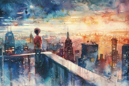 A boy gazing at the city below, perfect for urban themes