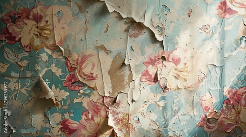 Vintage wallpaper peeling from an old interior wall