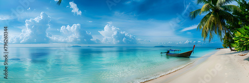 Panoramic View of a Pristine Tropical Beach with a Lonely Boat in the Distance © Madge