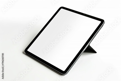 Picture a tablet computer standing alone against a white background