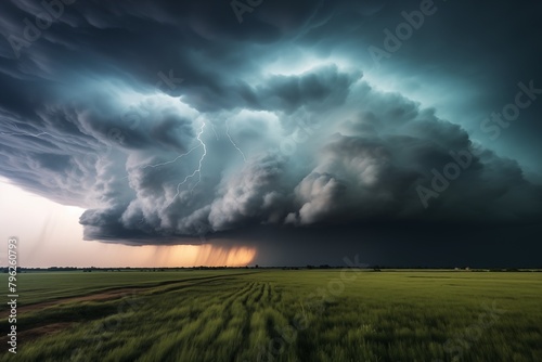 Supercell thunderstorm clouds on the horizon with hail and intense winds, storm, tornadoes