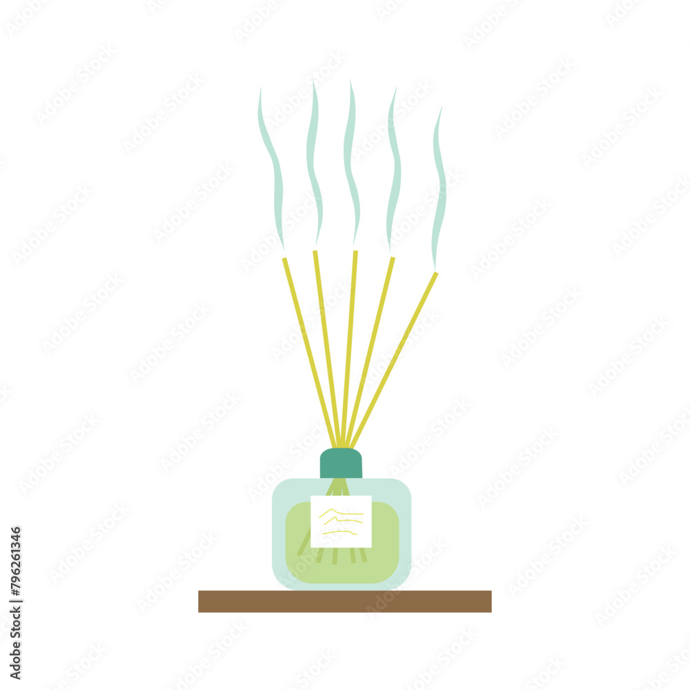 Aroma diffuser with aroma sticks. Aromatherapy, spa care for massage rooms, yoga classes and home environments. Colored vector illustration Aroma diffuser with aroma sticks. Aromatherapy, spa care for massage rooms, yoga classes and home environments. Colored vector illustration