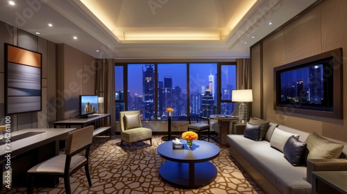 A luxury executive suite in a high-rise  with state-of-the-art technology and elegant furnishings 
