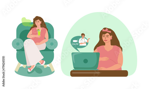 Set, a pregnant young woman suffers from toxicosis and consults a doctor via video conference. Maternity, pregnancy, health, medical care. Vector illustration