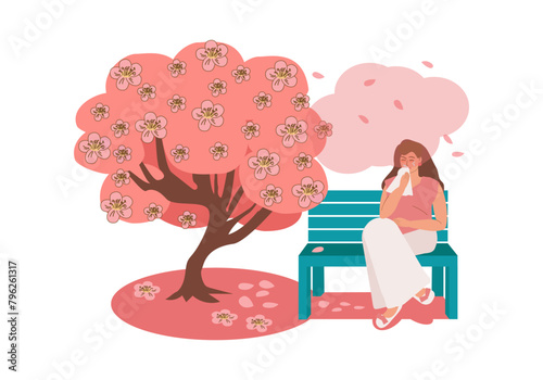 A young pregnant woman suffers from allergies, has a runny nose and tears, and sits on a park bench near a blooming tree in the spring. Hay fever, pollen allergies, seasonal illnesses, pregnancy