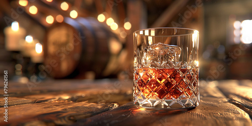 glass of whisky positioned elegantly on a rustic wooden table, with a whisky barrel visible in the background. AI generative. photo