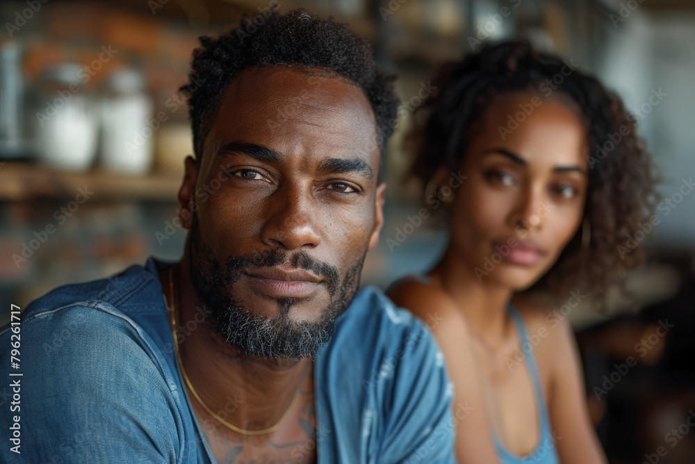 Close-up portrait of a man in blue shirt with a woman friend softly blurred behind Close-up portrait of a man in blue shirt with a woman friend softly blurred behind