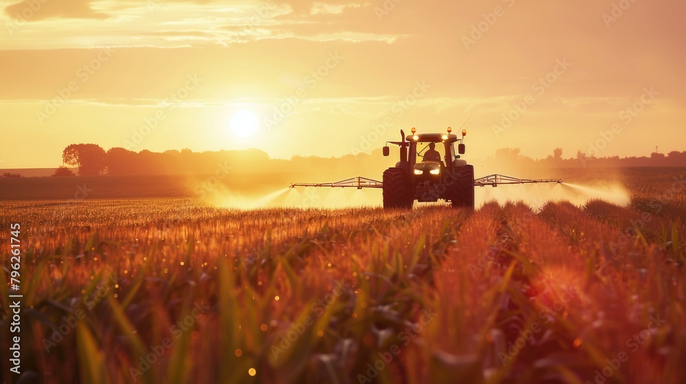 A tractor spraying water on a field at sunset. Suitable for agricultural concepts A tractor spraying water on a field at sunset. Suitable for agricultural concepts