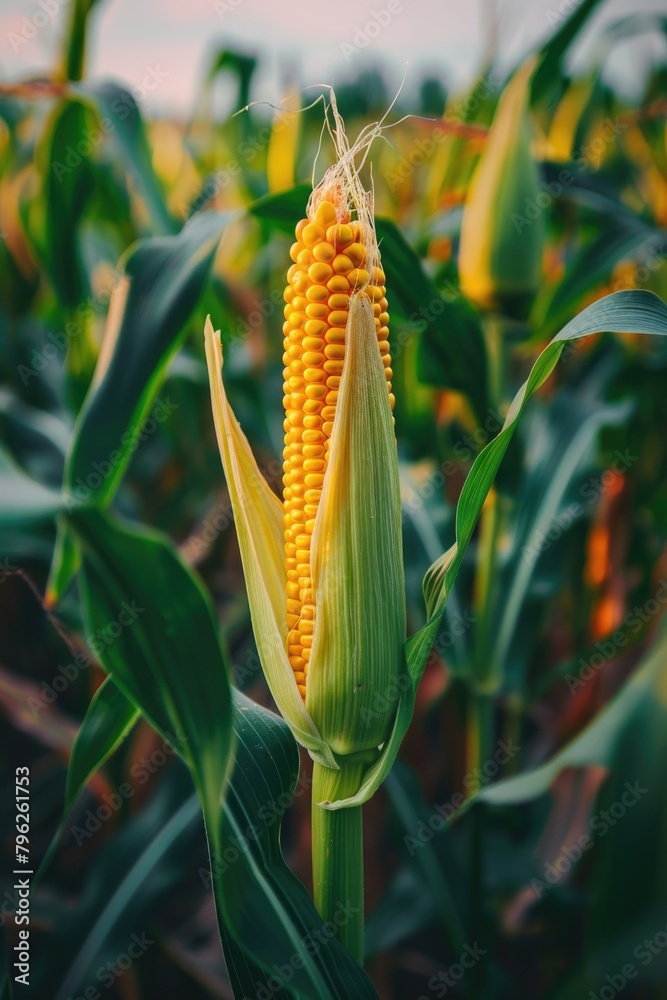 A detailed view of a corn stalk in a field. Suitable for agricultural concepts