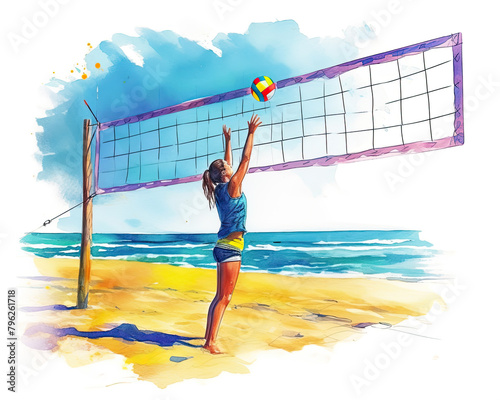 Beach volleyball on sunny day. Girl throwing ball over volleyball net. Bright clean watercolor illustration on white background.