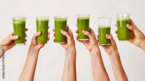 Fresh green juice toast with friends featuring healthy drinks. Enjoying detox beverages together representing wellness and lifestyle. Clean eating, diet, and nutrition concept. AI photo