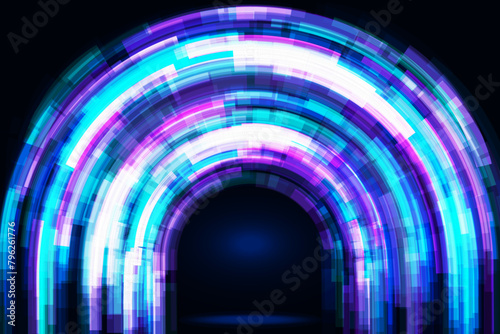 Neon arch gates. Abstract vector futuristic shining background in the form of curved blue and purple stripes. Techno glowing gate portal with arch. Cyberpunk background with galaxy space light effect.