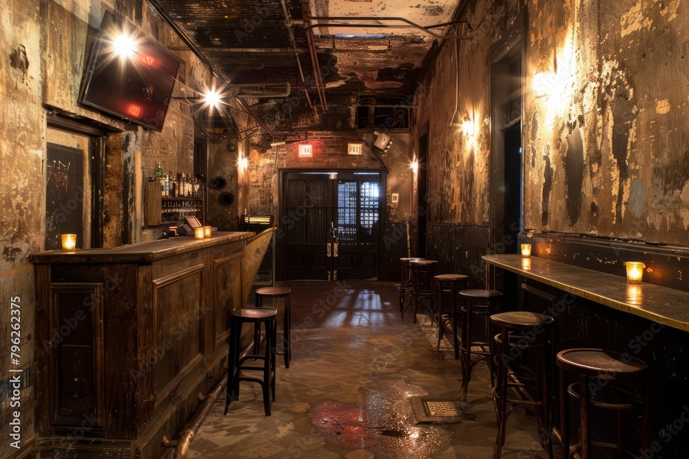A deserted speakeasy with secret entrances and hidden alcoves, frozen in time from the prohibition era, Generative AI