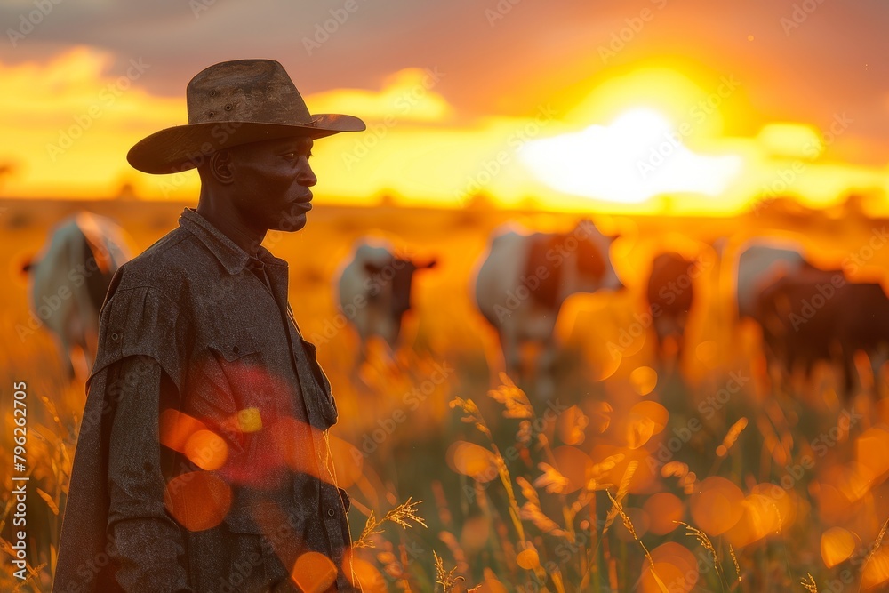 A cowboy stands before a sunset backdrop, overshadowing a serene field with cows grazing The image captures the essence of rural life A cowboy stands before a sunset backdrop, overshadowing a serene field with cows grazing The image captures the essence of rural life