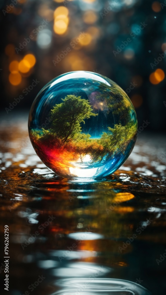 Vibrant colors and volumetric light create a mesmerizing portrayal of Earth within a water drop Vibrant colors and volumetric light create a mesmerizing portrayal of Earth within a water drop