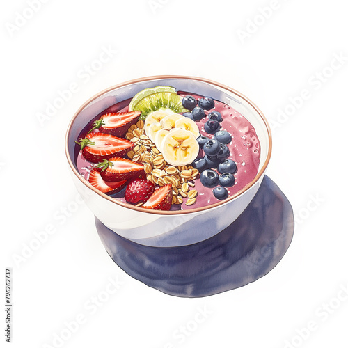 Watercolor illustration of a fruit-filled acai bowl, a classic Hawaiian breakfast, on a white background.