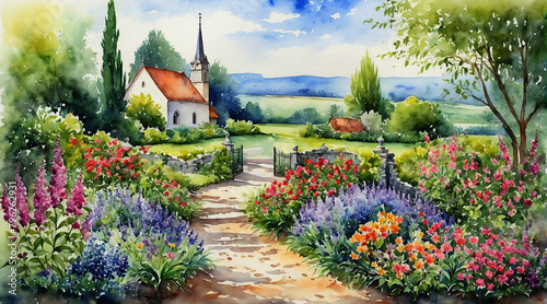 Beautiful house in countryside surrounded by colorful flowers blossom, watercolor painting style, generative AI. photo