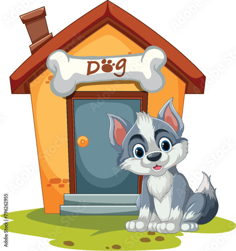 Cute animated puppy sitting by its colorful house