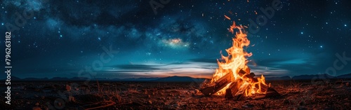 A fire blazing in the center of a vast field under a night sky filled with stars