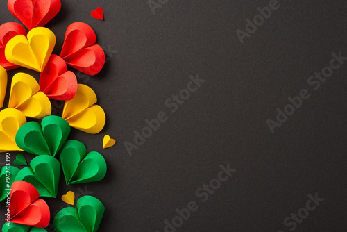 Bright paper hearts in red, yellow, and green colors arranged on a dark background represent joy and unity for Juneteenth celebrations