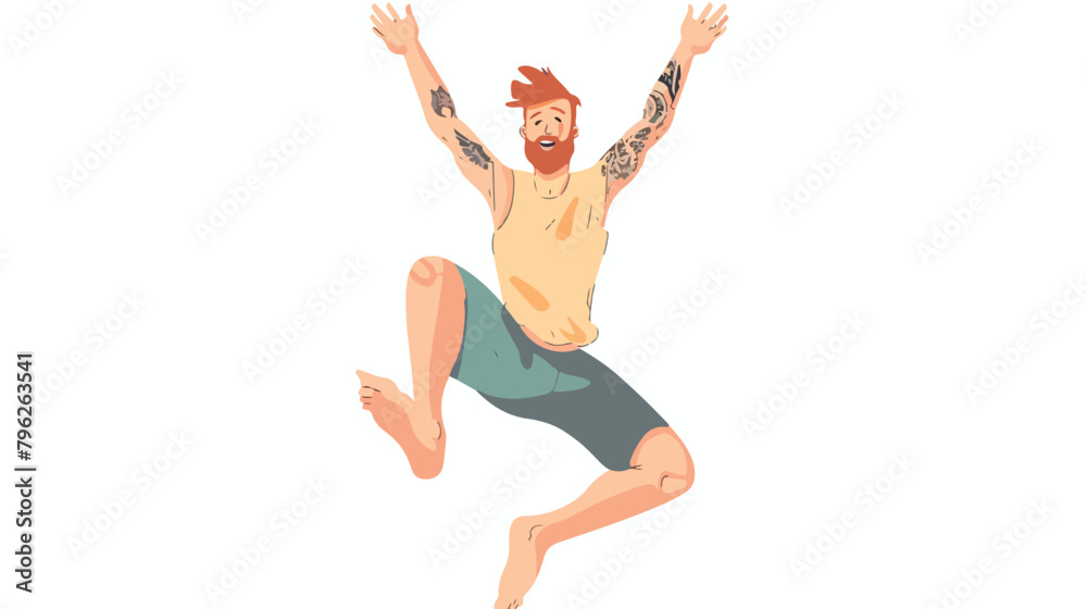 Young man with tattoo jumped up. Flat style cartoon Vector