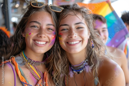 Identical twins with sparkly face paint and colorful accessories smiling at the camera, displaying joy and festivity photo