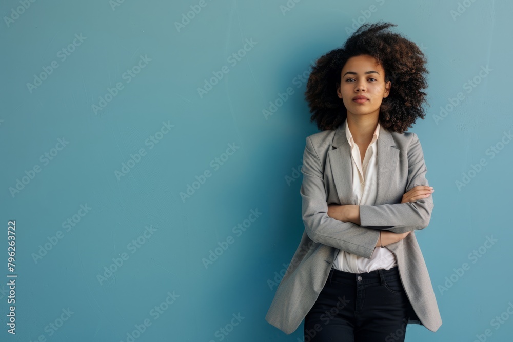 The portrait of the confident smiling career broker in front of a blue background exudes professional knowledge and an approachable, intellectual business woman in the modern workplace The portrait of the confident smiling career broker in front of a blue background exudes professional knowledge and an approachable, intellectual business woman in the modern workplace