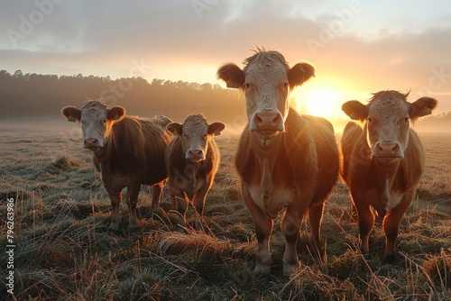 Warm and inviting image of cows in a field with a radiant sunrise creating a backdrop of hope and renewal photo