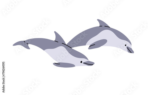 Pair of Atlantic bottlenose dolphins. Cute underwater animals with fins move, swimming and jump from water. Sea wildlife, sealife, ocean fauna. Flat isolated vector illustration on white background