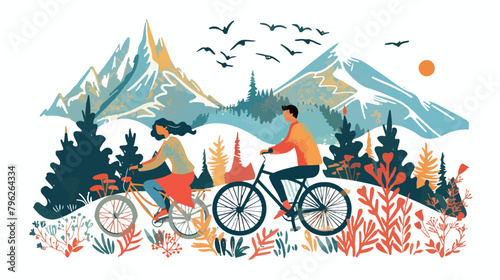 Young woman and man ride the bike. Summer moutain and