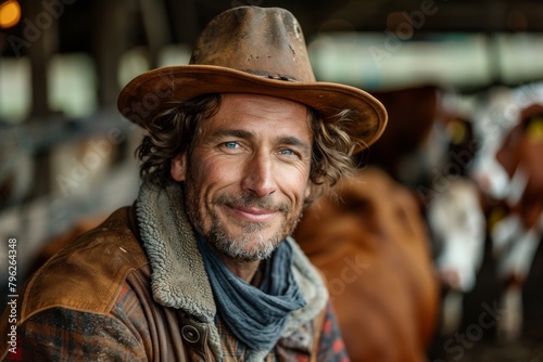 Portrait of a rugged cowboy with a gentle smile, set against a backdrop of cows in a barn