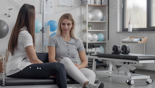 Mature physiotherapist working with young woman on couch in rehabilitation center