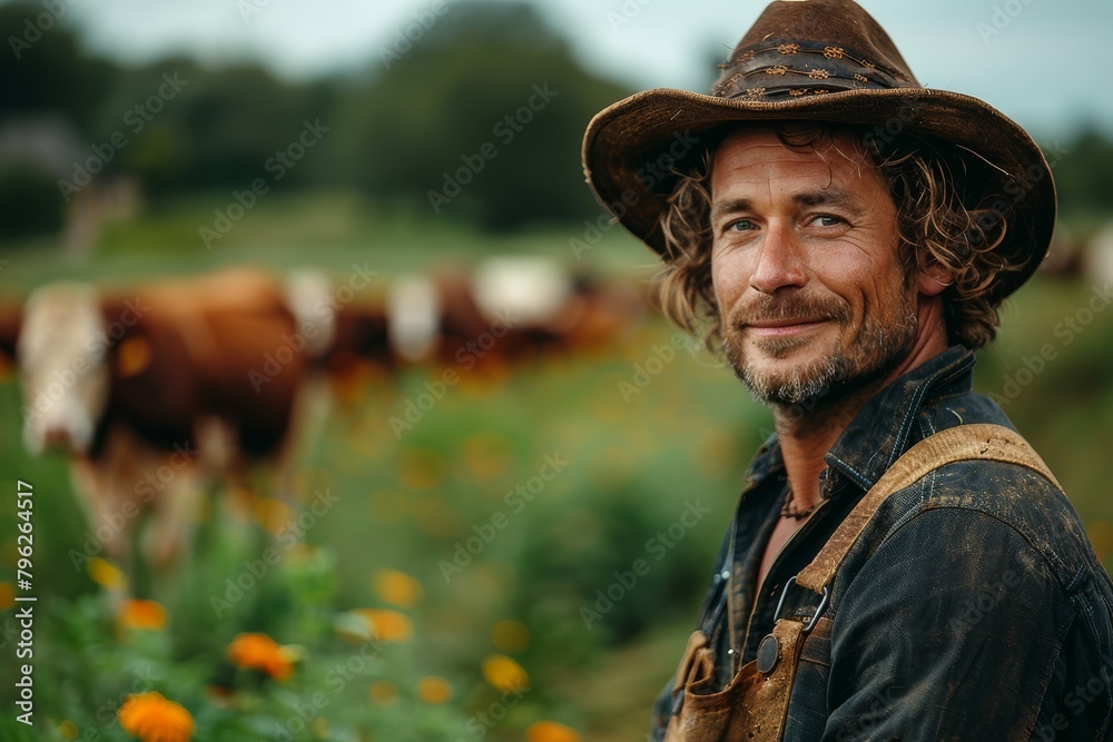 Cowboy with a welcoming smile in a field, surrounded by a herd of cows, evoking a sense of pastoral life