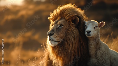 A lion and a lamb peacefully coexisting in a field. Suitable for various nature and wildlife themes photo