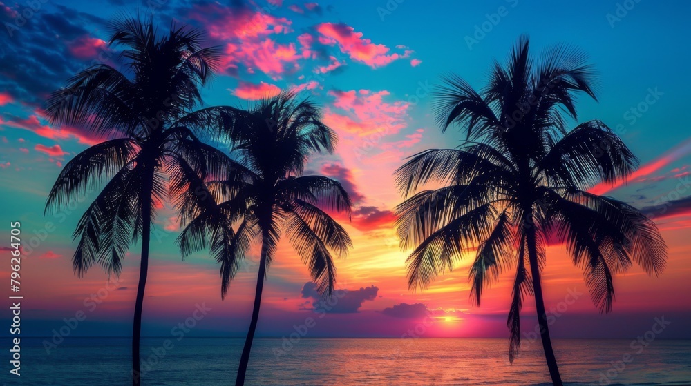 Silhouettes of palm trees against a vibrant sunrise sky, a scene of serenity and tranquility as nature awakens to the dawn.
