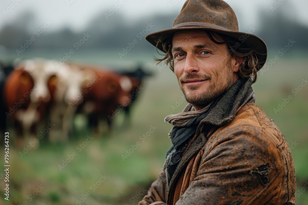 Thoughtful cowboy in weathered attire standing in a field, with cows and mist in the background