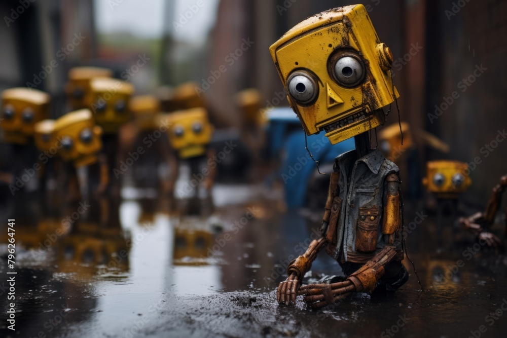 Group of Yellow and Black Toy Figures in the Rain