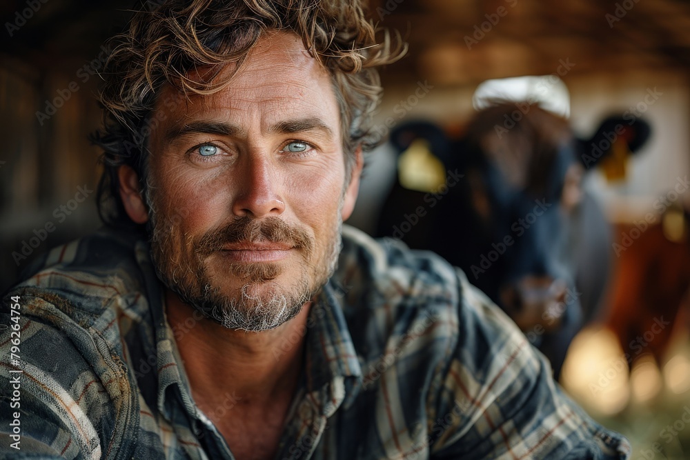 Fototapeta premium Poised farmer with a serene look, in a sunlit barn, with dark cattle in the background