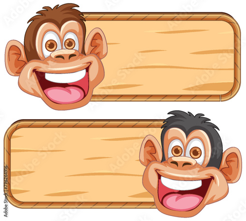 Two happy monkeys presenting empty signs.