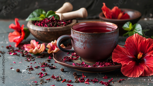 Cup of healthy hibiscus tea and dry and fresh hibiscus flowers. Mortars of dry hibiscus and sachets on background. Alternative medicine photo
