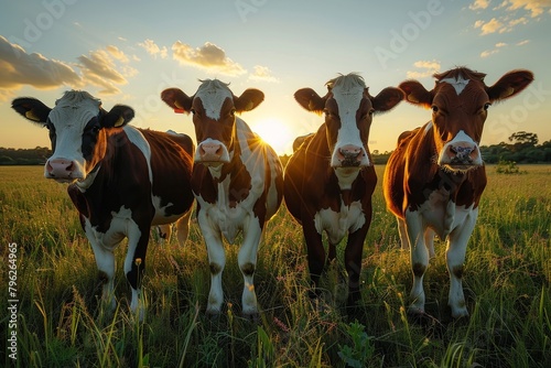 Five cows stand majestically in a field with the glow of the setting sun behind them, showcasing the beauty of farm life photo