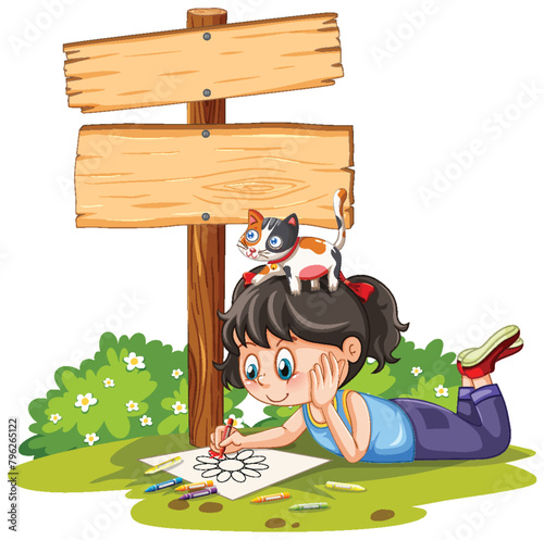 Young girl sketches under a wooden sign with cats.