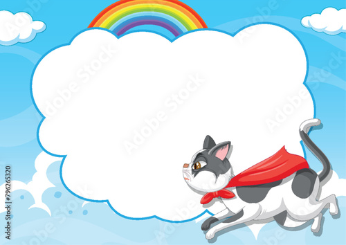 Cartoon cat in superhero costume flying in sky