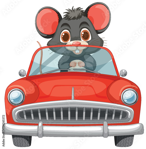 Cute cartoon mouse driving a vintage red car