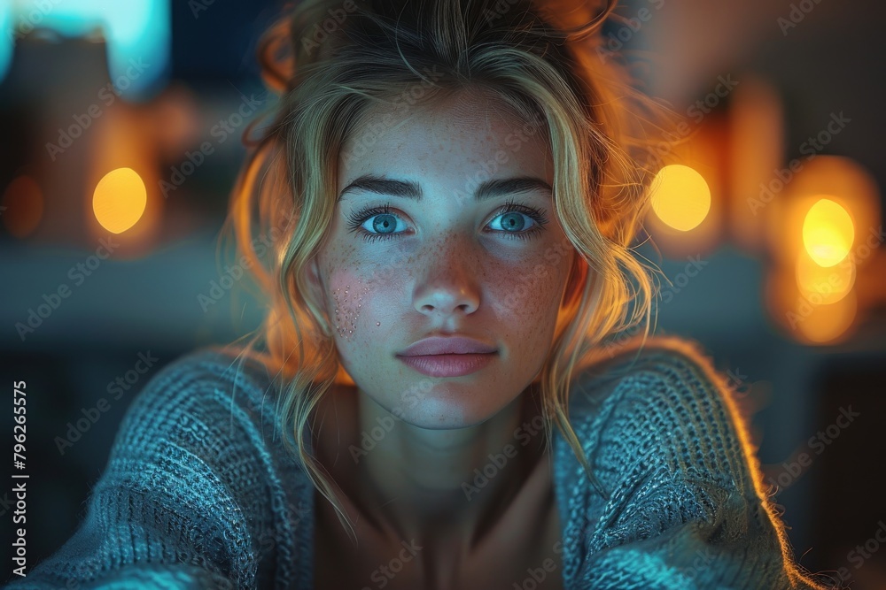 Young woman deep in thought with glowing blue ambient light surrounding her Young woman deep in thought with glowing blue ambient light surrounding her