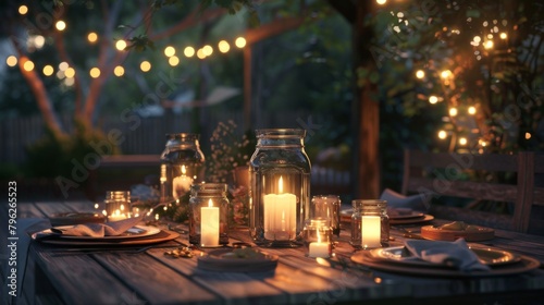 Soft candlelight illuminating a rustic outdoor dinner table  with mason jar lanterns casting a warm and romantic glow for a cozy evening meal.