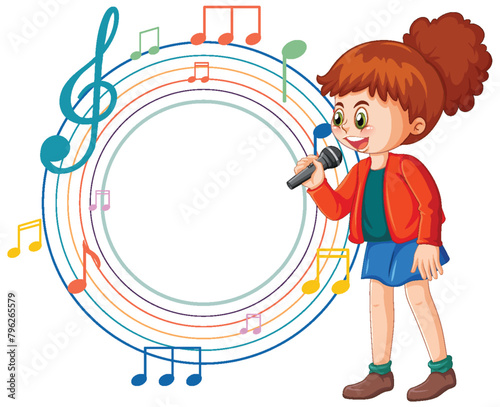 Cartoon girl singing into a microphone with notes.