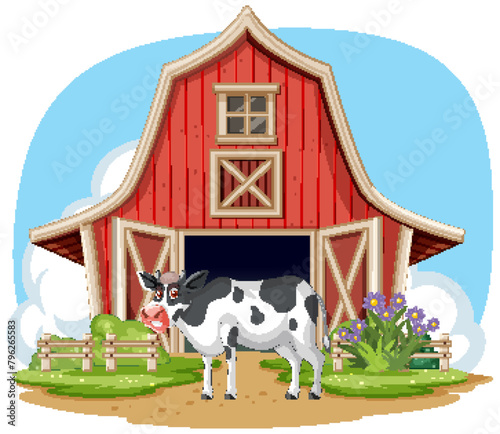 Vector illustration of a cow in front of a barn.