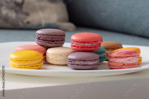 Close up delicious macaroon cookies in fresh mint green vanilla beige chocolate brown orange and pink colors. White plate on table, blue background. Contrast bright combination, bakery culinary.