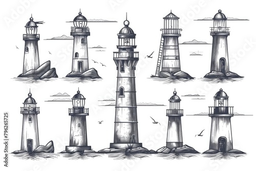 Group of lighthouses on a rocky shore. Perfect for maritime and navigation themes